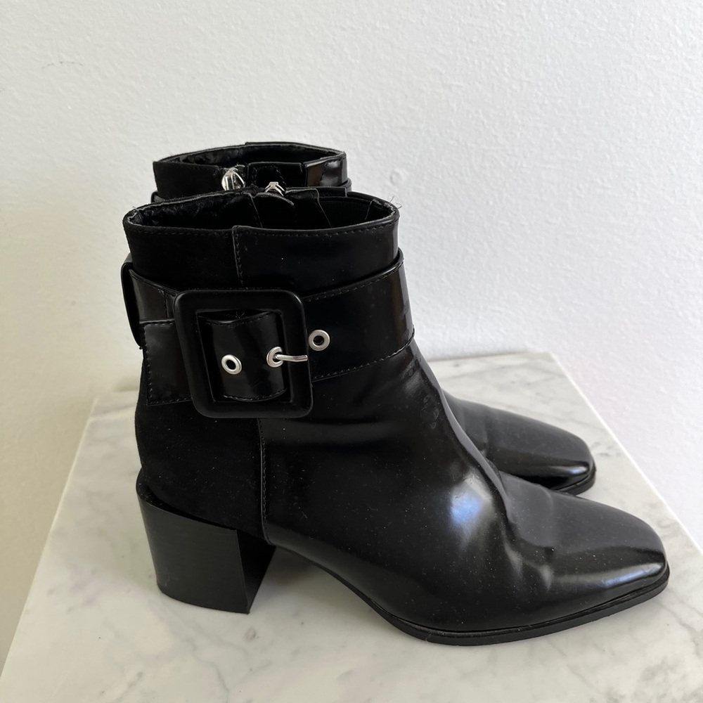 Zara Black Patent Leather Neo Mod Ankle Boots Chunky Heel Silver Metal 38 Euro